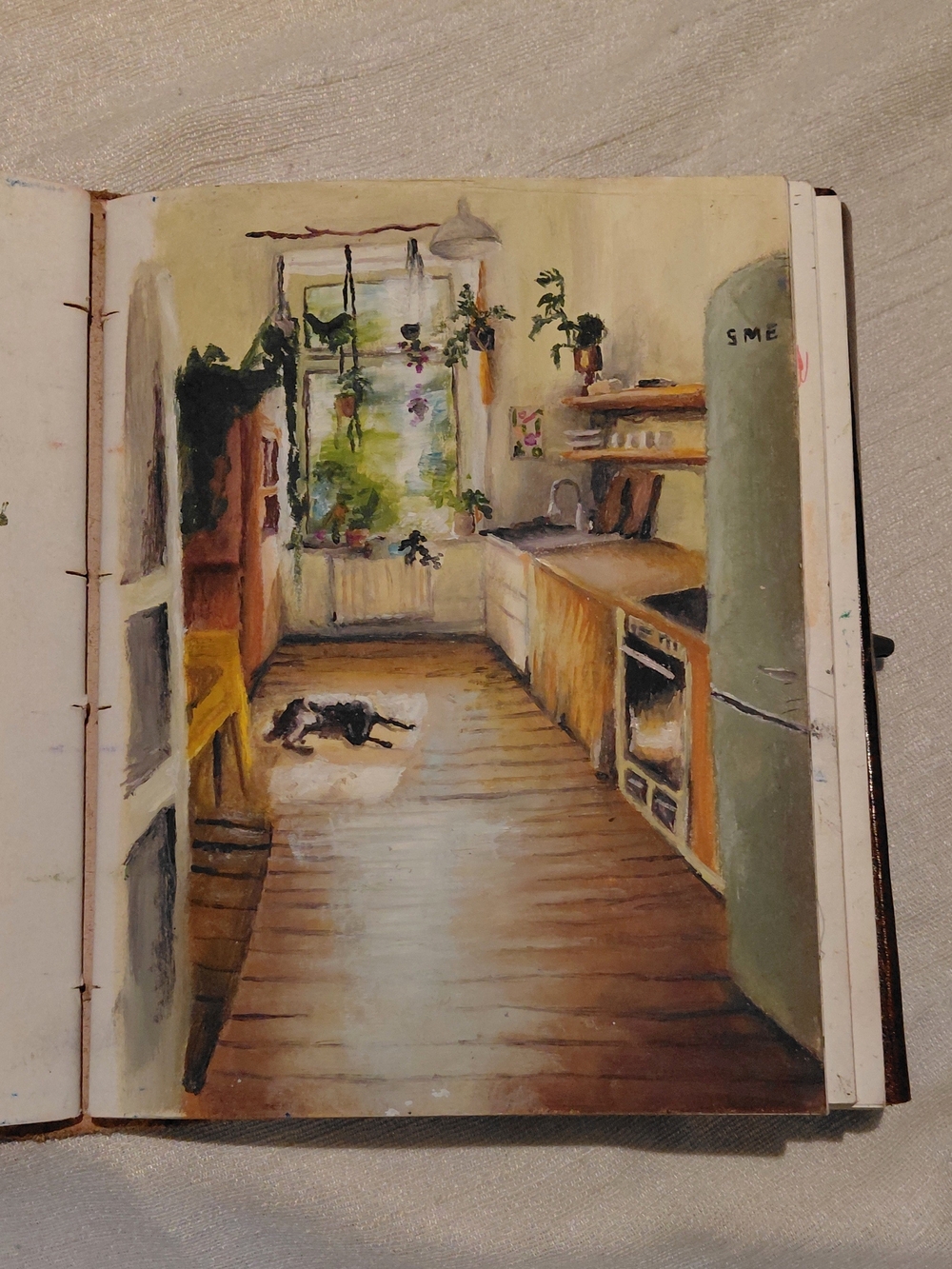 Original Hand-Painted Cozy Kitchen Scene Oil Painting (Framed) By Hollie Spain